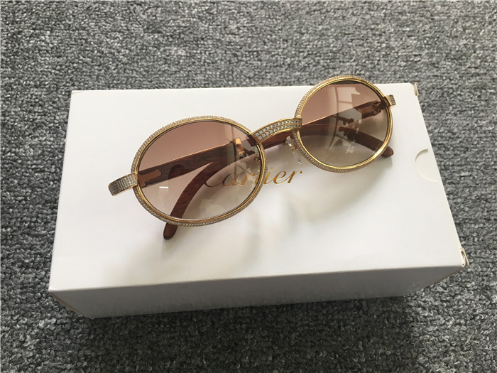 Cartier 7550178 55-22 Full Diamond Wood Sunglasses In Gold Brown - PerfectKickZ