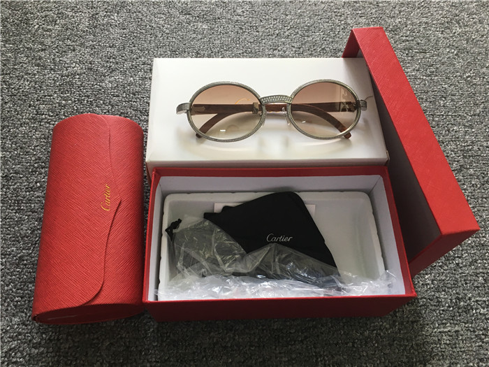 Cartier 7550178 57-22 Full Diamond Wood Sunglasses In Silver Brown - PerfectKickZ