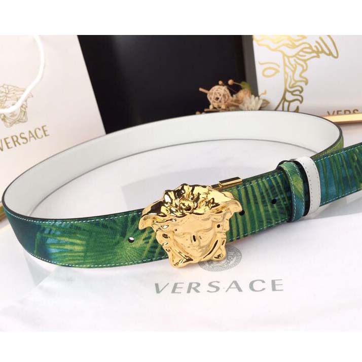 Versace Head Leather Green Belt With Gold Buckle - PerfectKickZ
