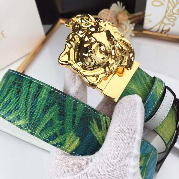 Versace Head Leather Green Belt With Gold Buckle - PerfectKickZ