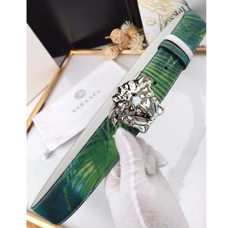 Versace Head Leather Green Belt With Silver Buckle - PerfectKickZ