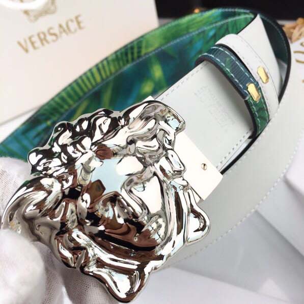 Versace Head Leather Green Belt With Silver Buckle - PerfectKickZ