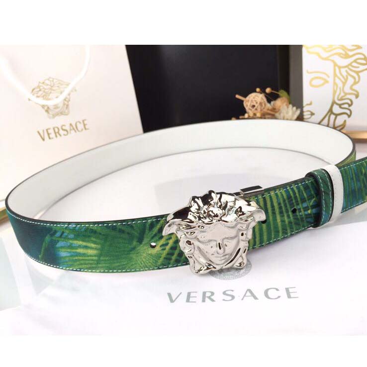 Versace Head Leather Green Belt With Silver Buckle - PerfectKickZ