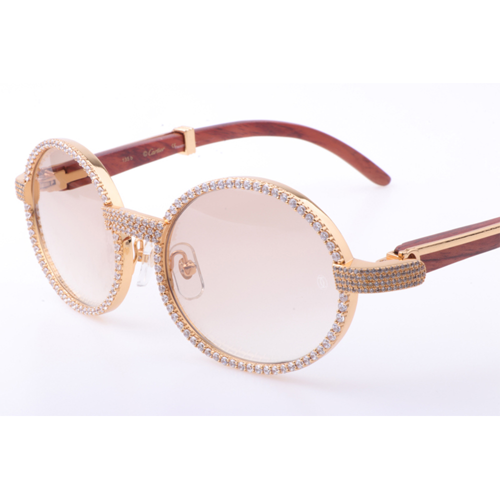 Cartier 7550178 55-22 New Full Diamond Wood Sunglasses In Gold Brown - PerfectKickZ