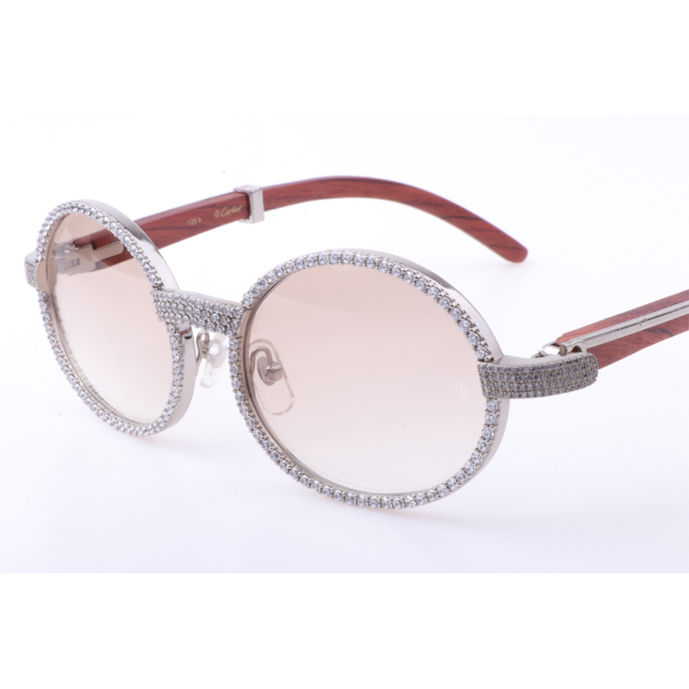 Cartier 7550178 55-22 New Full Diamond Wood Sunglasses In Silver Brown - PerfectKickZ