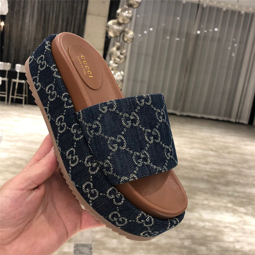 Gucci Women's Platform Slide Sandal(Blue and Ivory) - PerfectKickZ