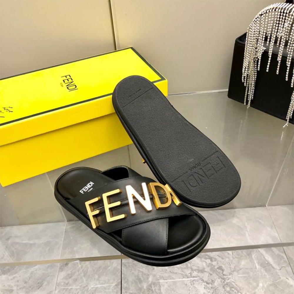 Fendi Graphy Black Leather Slides - 
