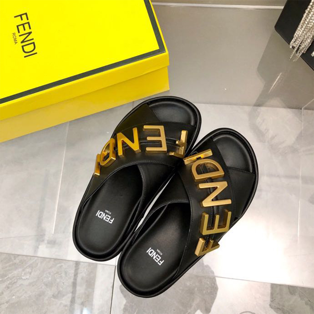 Fendi Graphy Black Leather Slides - 