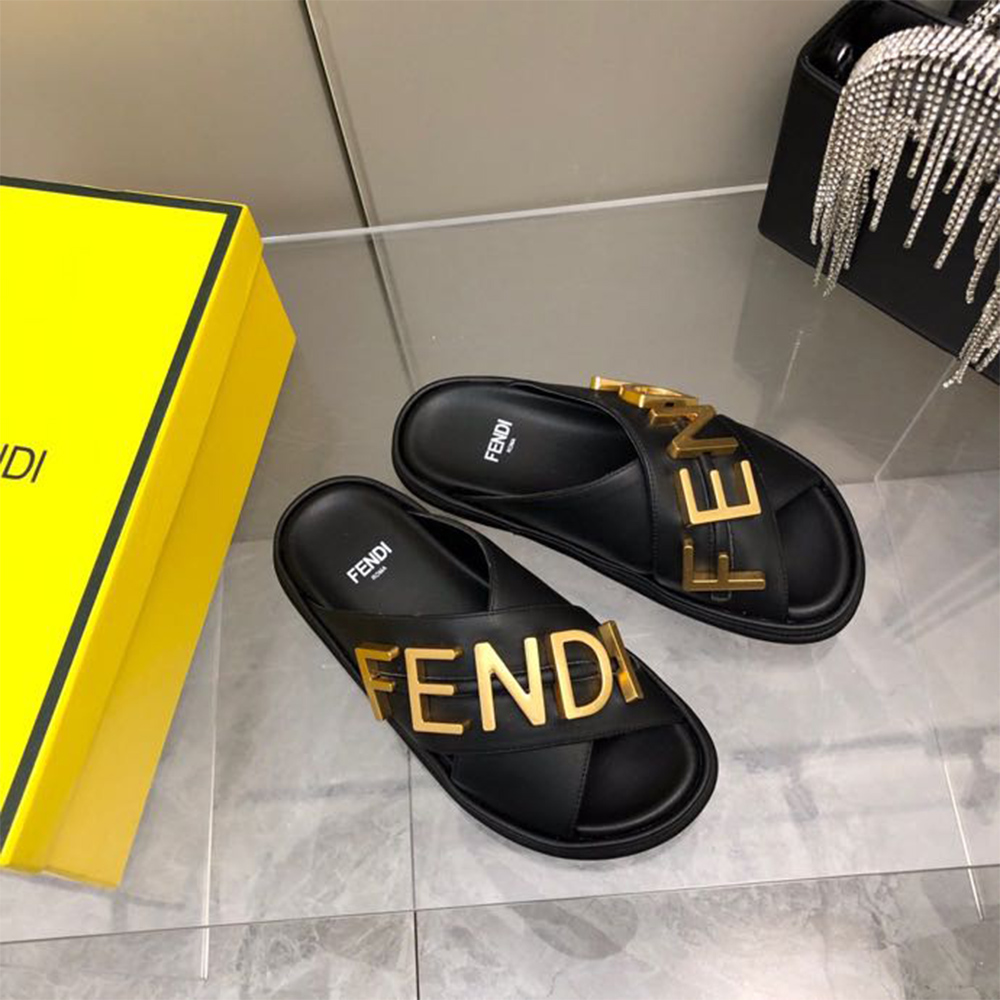 Fendi Graphy Black Leather Slides - 