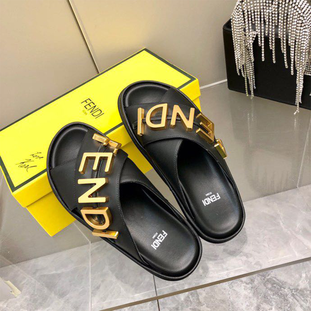 Fendi Graphy Black Leather Slides - PerfectKickZ