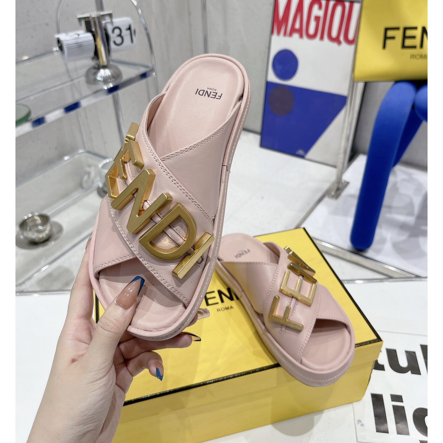 Fendi Graphy Pink Leather Slides - 
