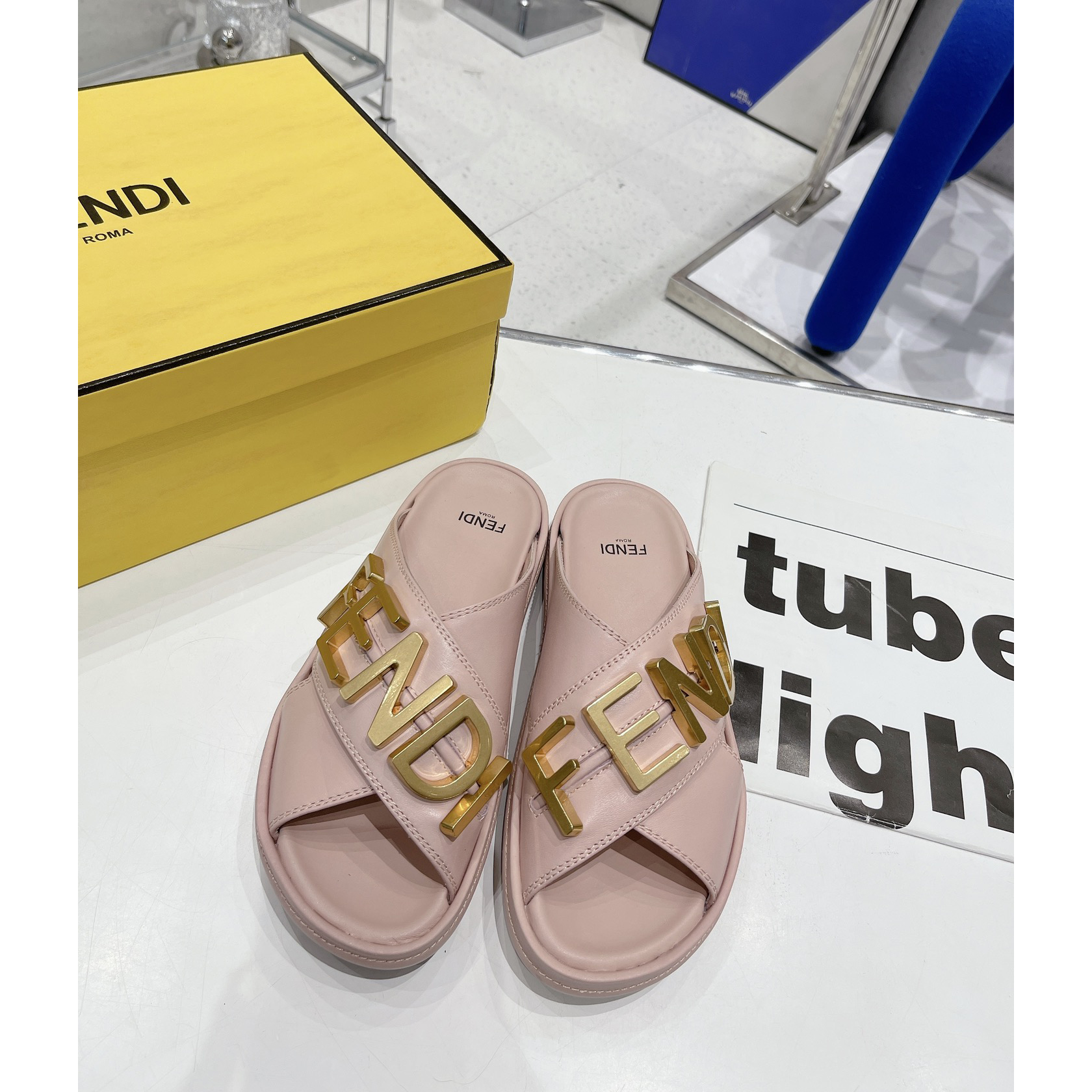 Fendi Graphy Pink Leather Slides - 