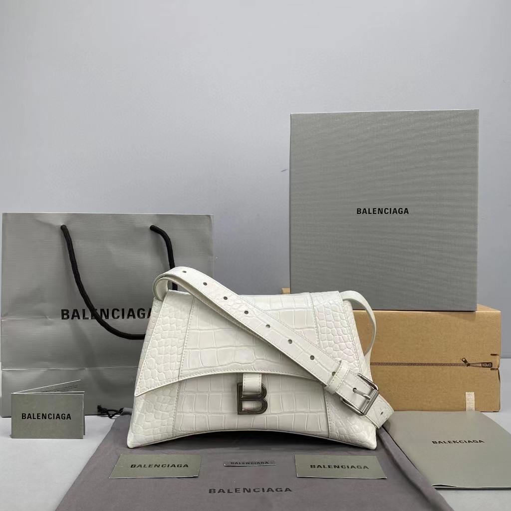 Balenciaga Women's Downtown Small Shoulder Bag Crocodile Embossed In White（29-18-10CM） - PerfectKickZ