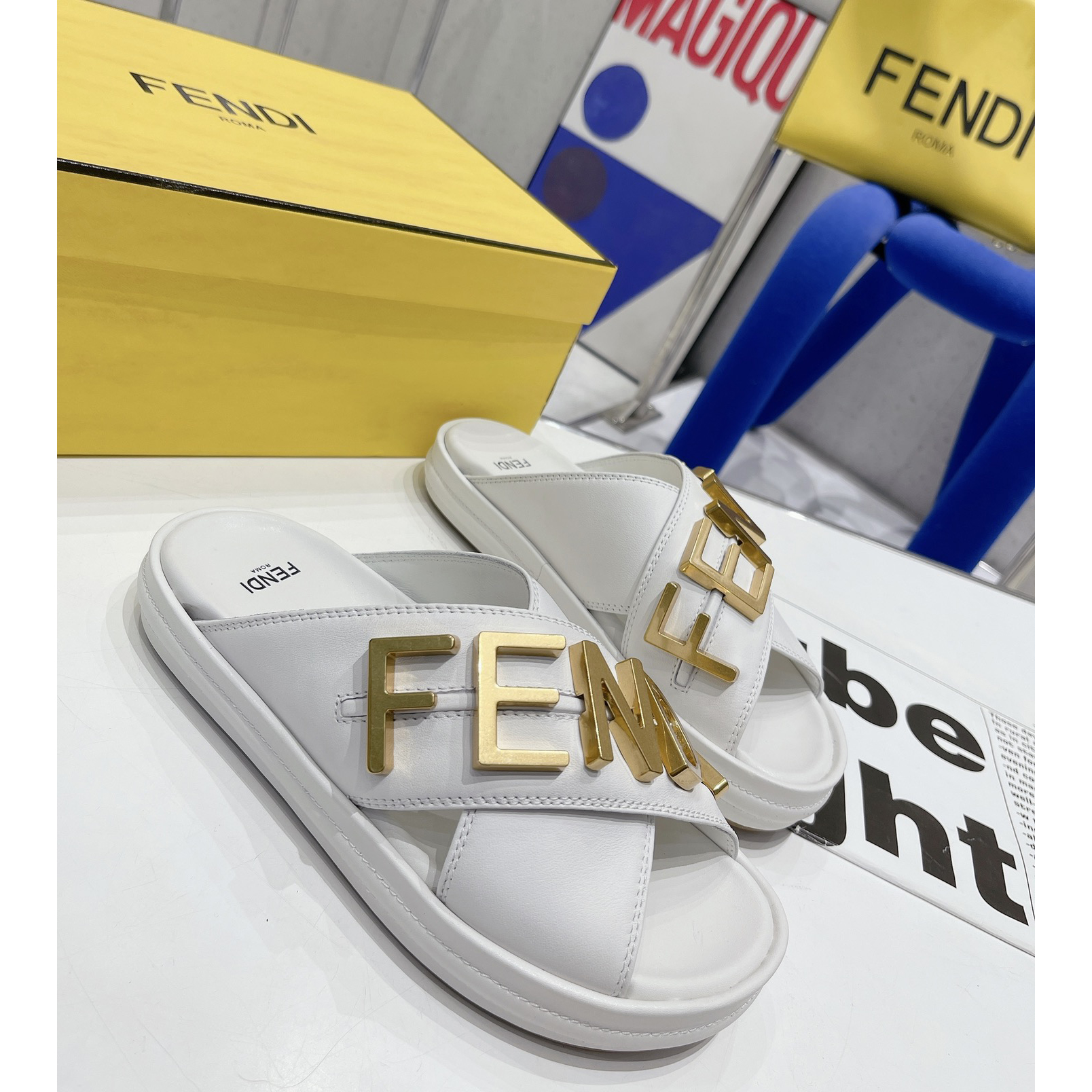Fendi Graphy White Leather Slides - PerfectKickZ