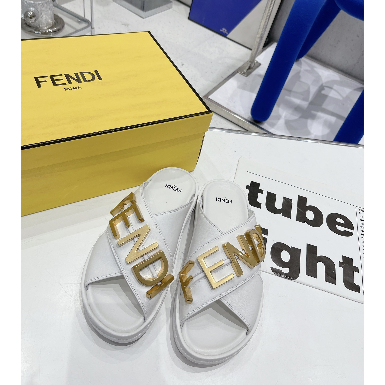 Fendi Graphy White Leather Slides - PerfectKickZ