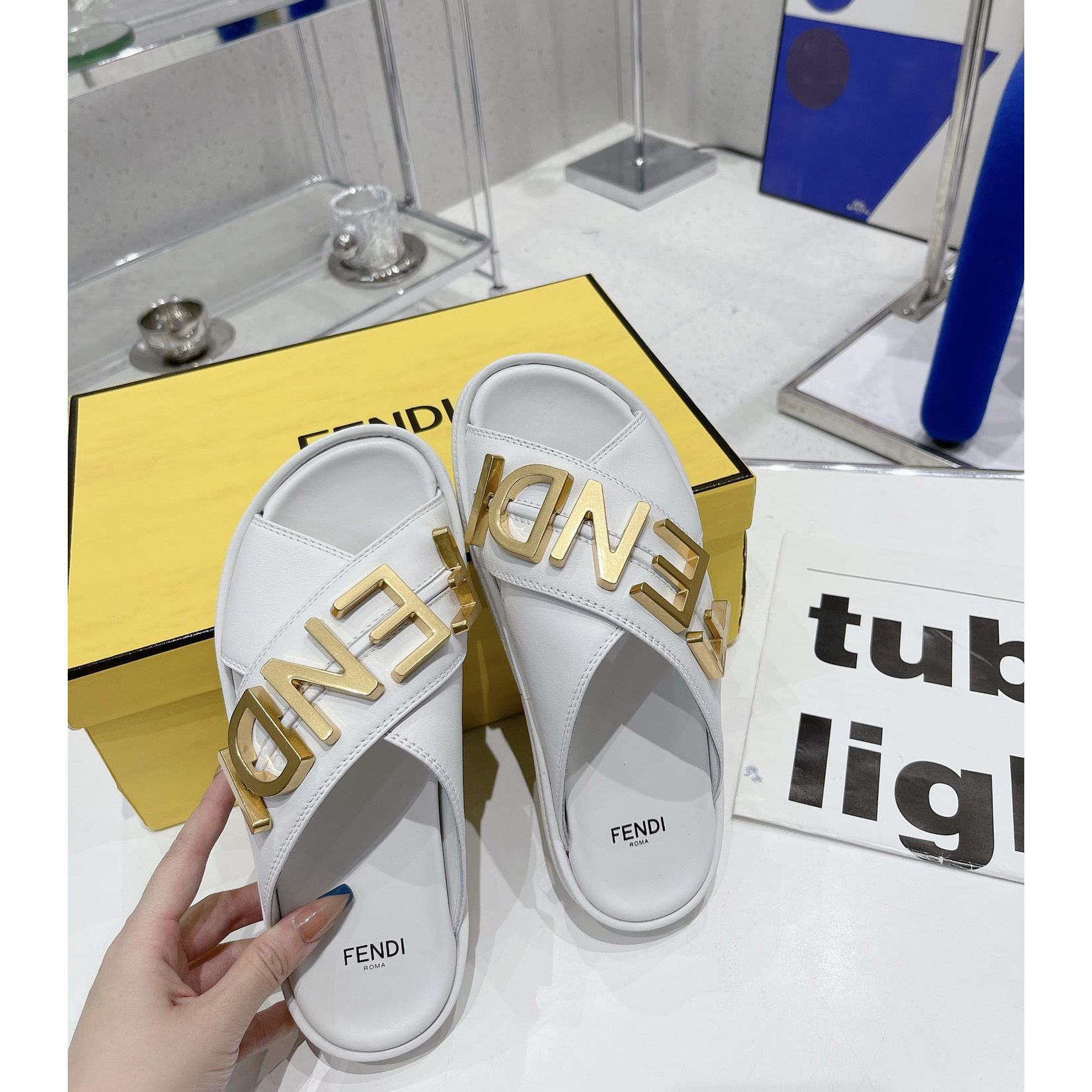 Fendi Graphy White Leather Slides - PerfectKickZ