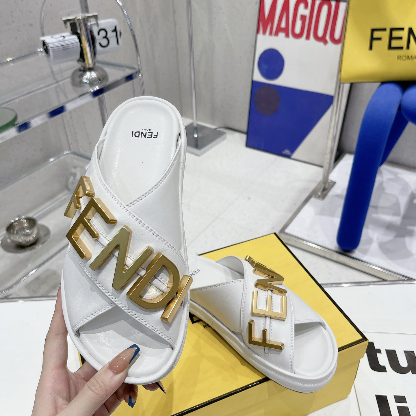 Fendi Graphy White Leather Slides - PerfectKickZ