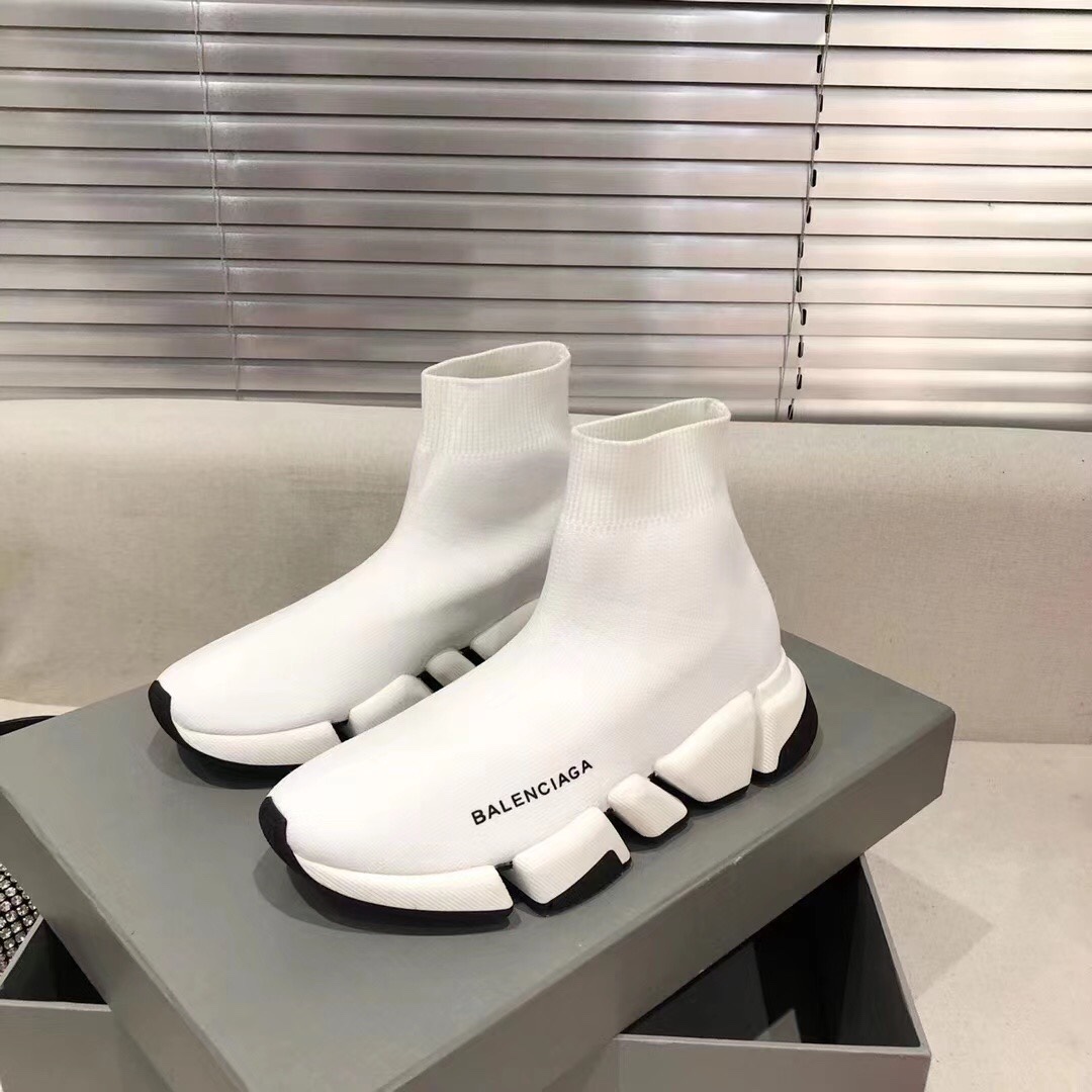Balenciaga  Speed 2.0 Recycled Knit Sneaker In White/Black - PerfectKickZ
