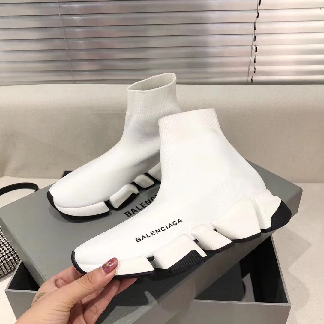 Balenciaga  Speed 2.0 Recycled Knit Sneaker In White/Black - PerfectKickZ