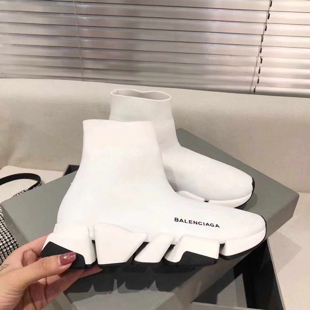 Balenciaga  Speed 2.0 Recycled Knit Sneaker In White/Black - PerfectKickZ