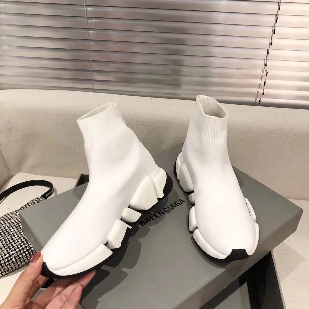 Balenciaga  Speed 2.0 Recycled Knit Sneaker In White/Black - PerfectKickZ