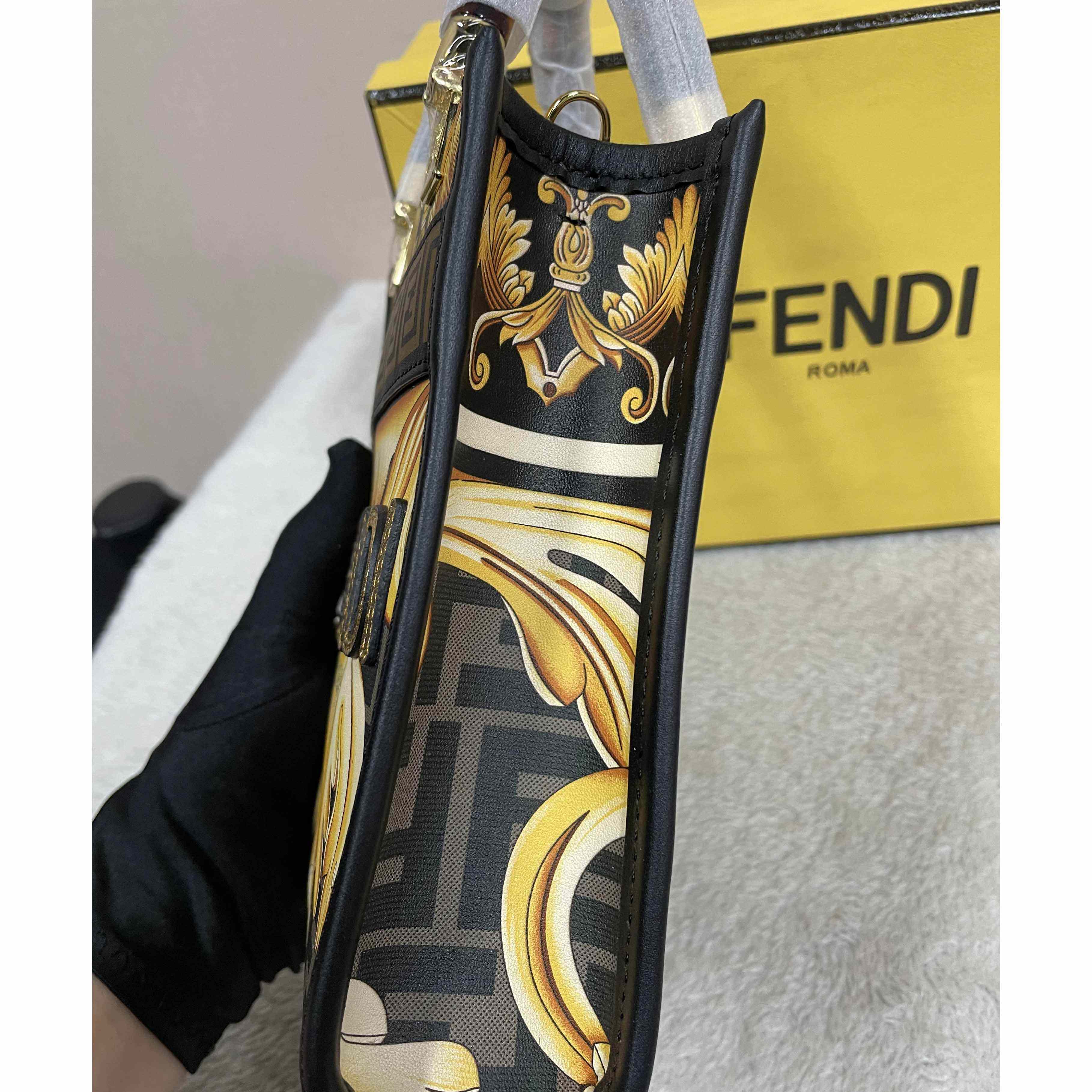 Versace x Fendi Mini Sunshine Shopper Fendace Printed White Leather Mini Bag(13-18-6.5cm) - PerfectKickZ