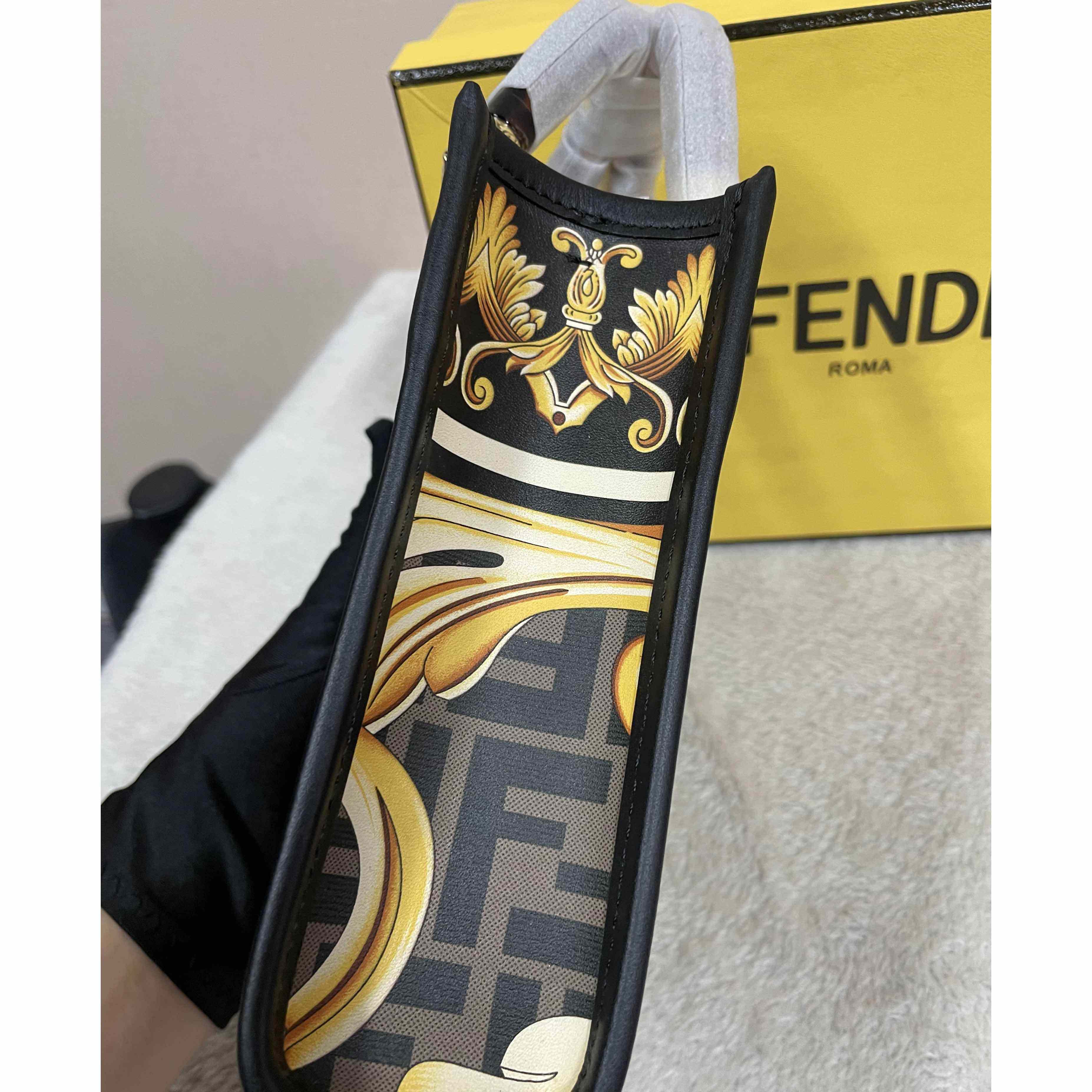 Versace x Fendi Mini Sunshine Shopper Fendace Printed White Leather Mini Bag(13-18-6.5cm) - PerfectKickZ