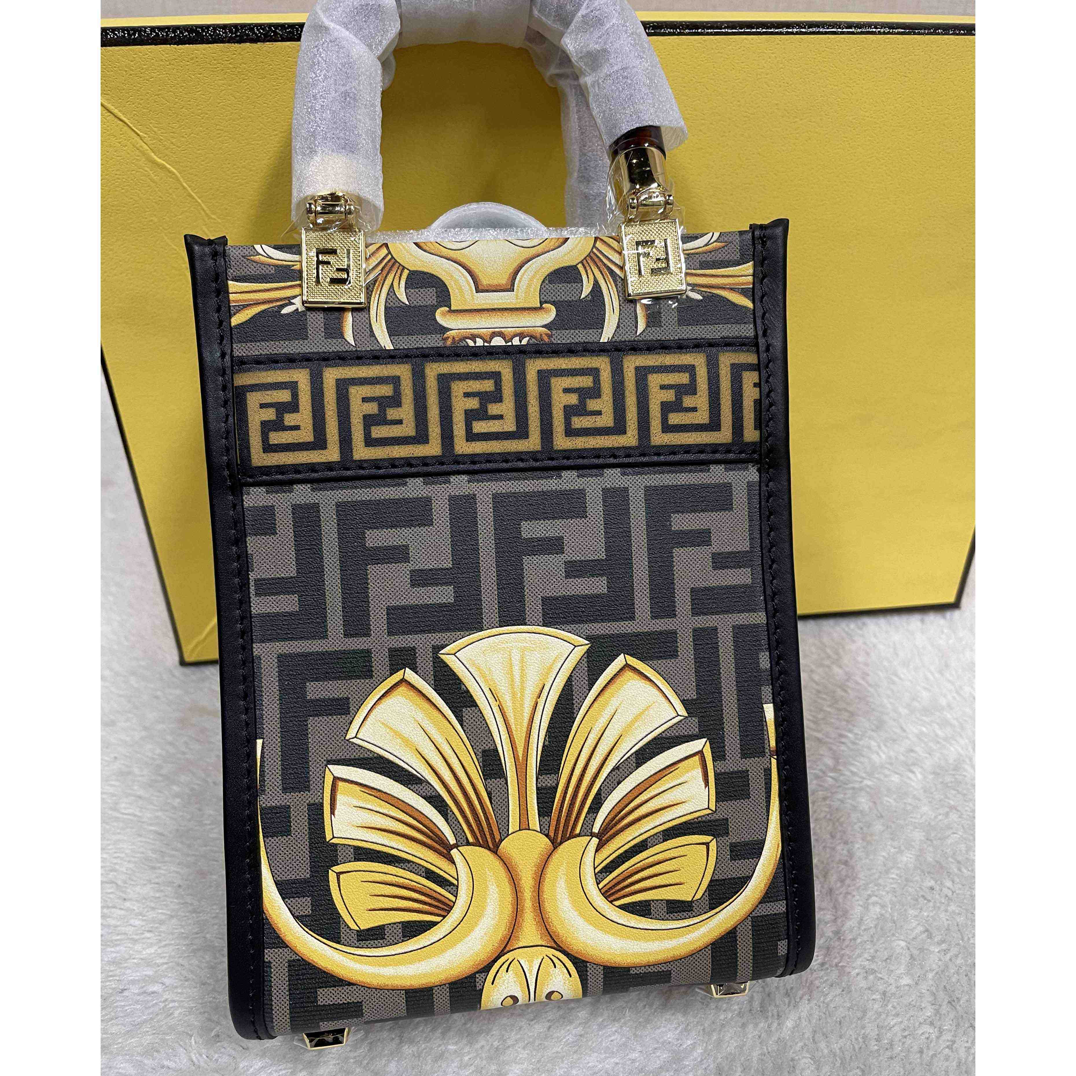 Versace x Fendi Mini Sunshine Shopper Fendace Printed White Leather Mini Bag(13-18-6.5cm) - PerfectKickZ