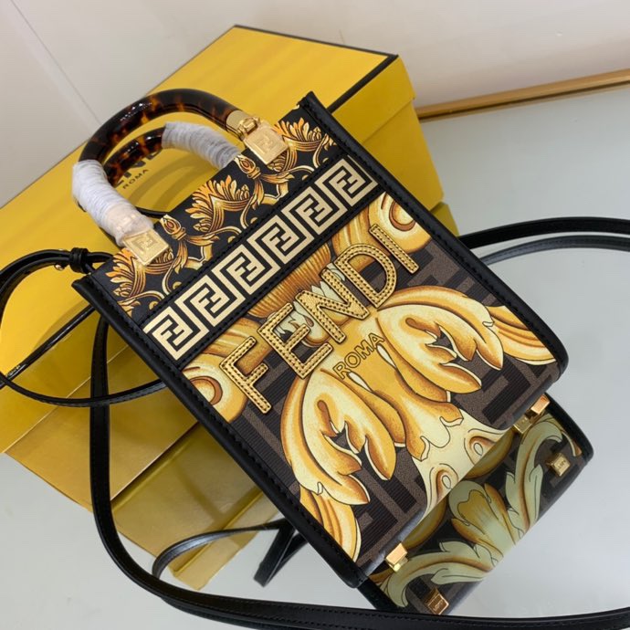 Versace x Fendi Mini Sunshine Shopper Fendace Printed White Leather Mini Bag(13-18-6.5cm) - PerfectKickZ