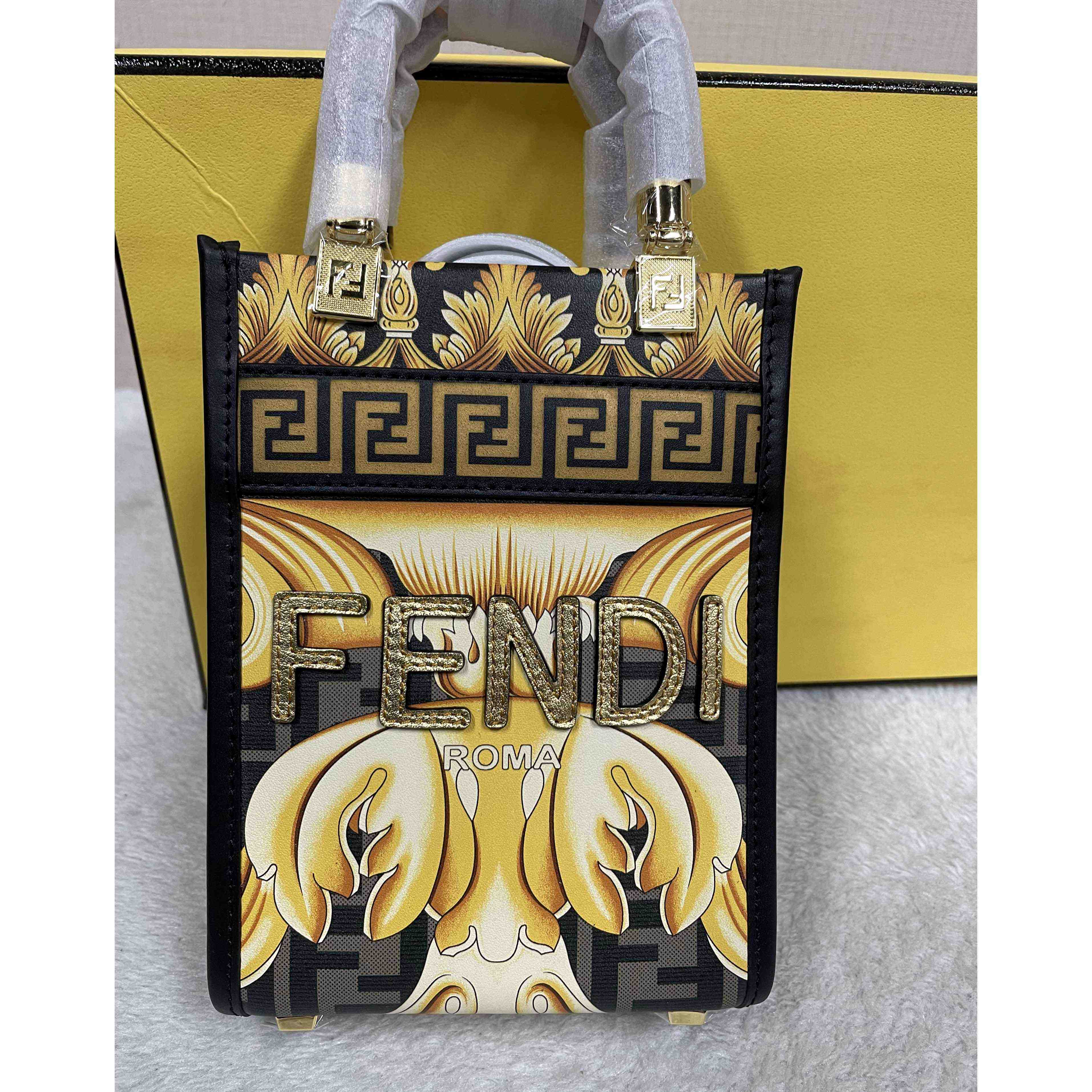 Versace x Fendi Mini Sunshine Shopper Fendace Printed White Leather Mini Bag(13-18-6.5cm) - PerfectKickZ