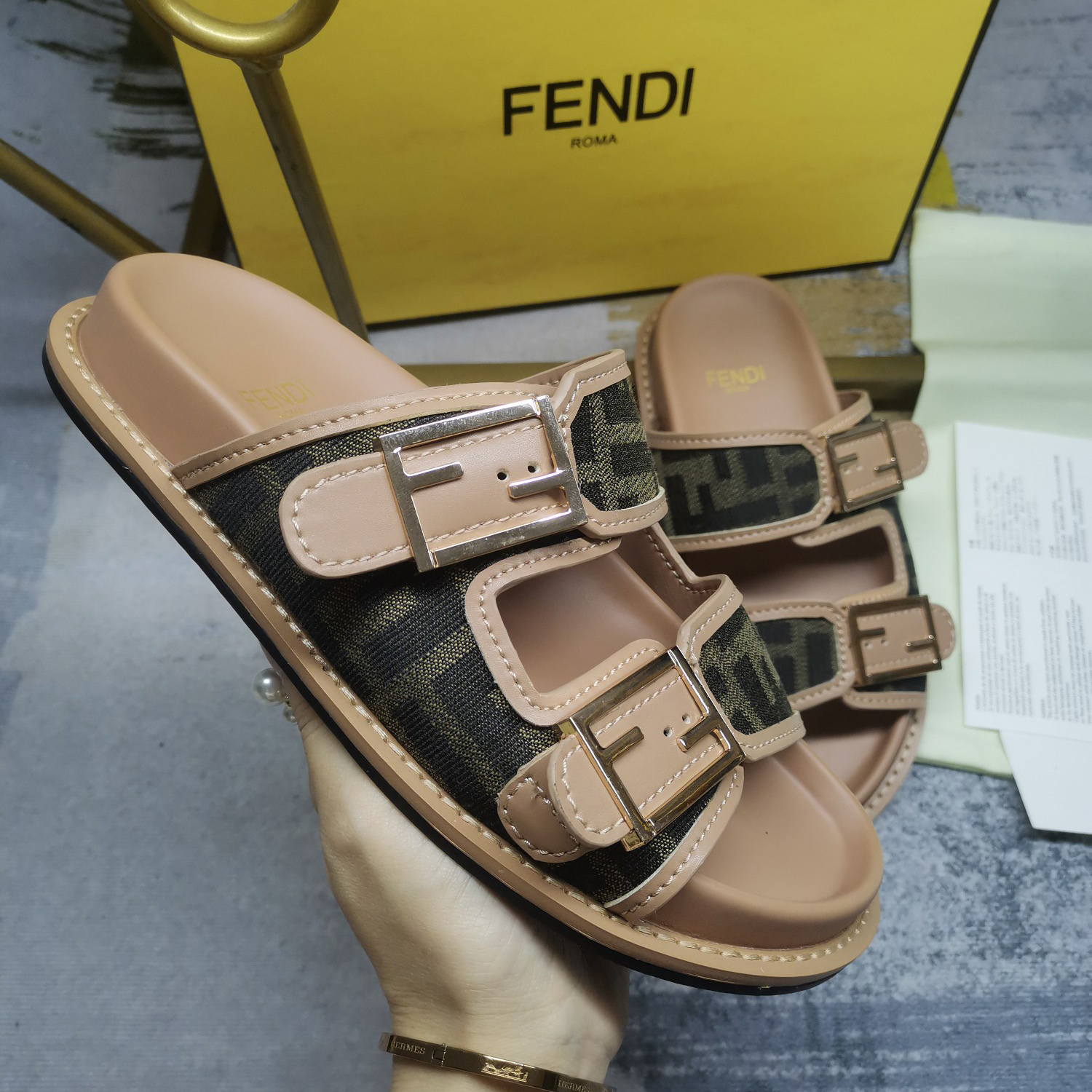Fendi Feel Brown FF Fabric Slides - PerfectKickZ