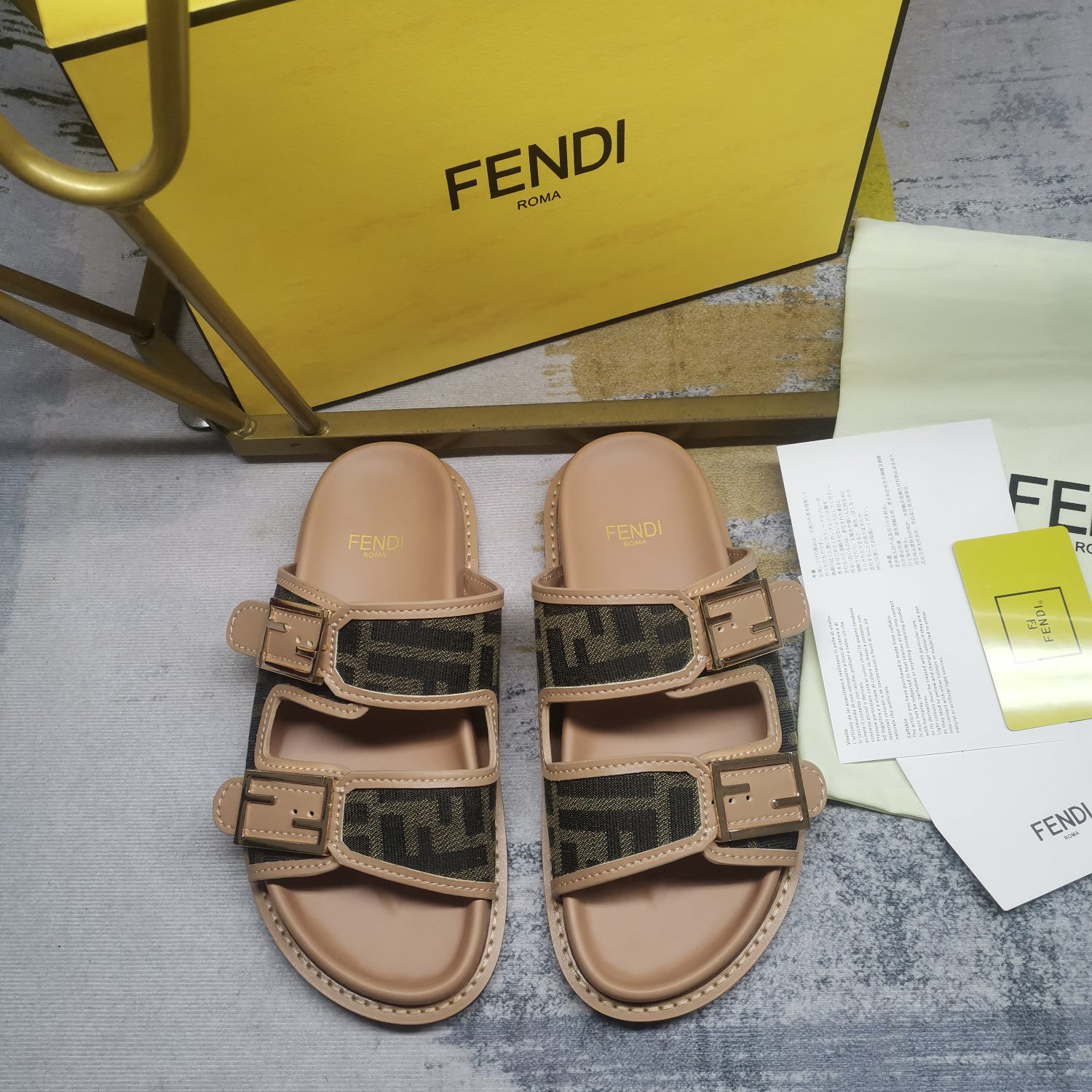 Fendi Feel Brown FF Fabric Slides - PerfectKickZ