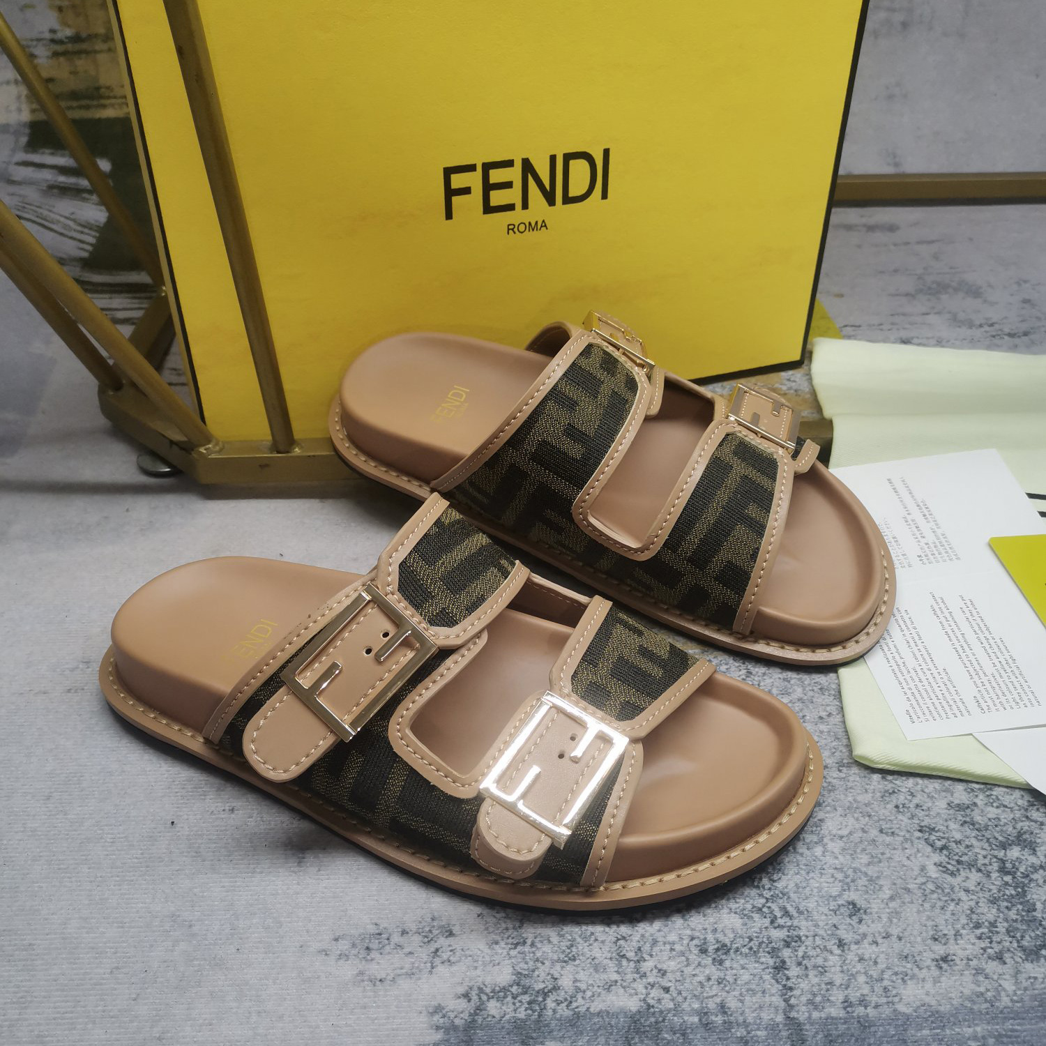 Fendi Feel Brown FF Fabric Slides - PerfectKickZ