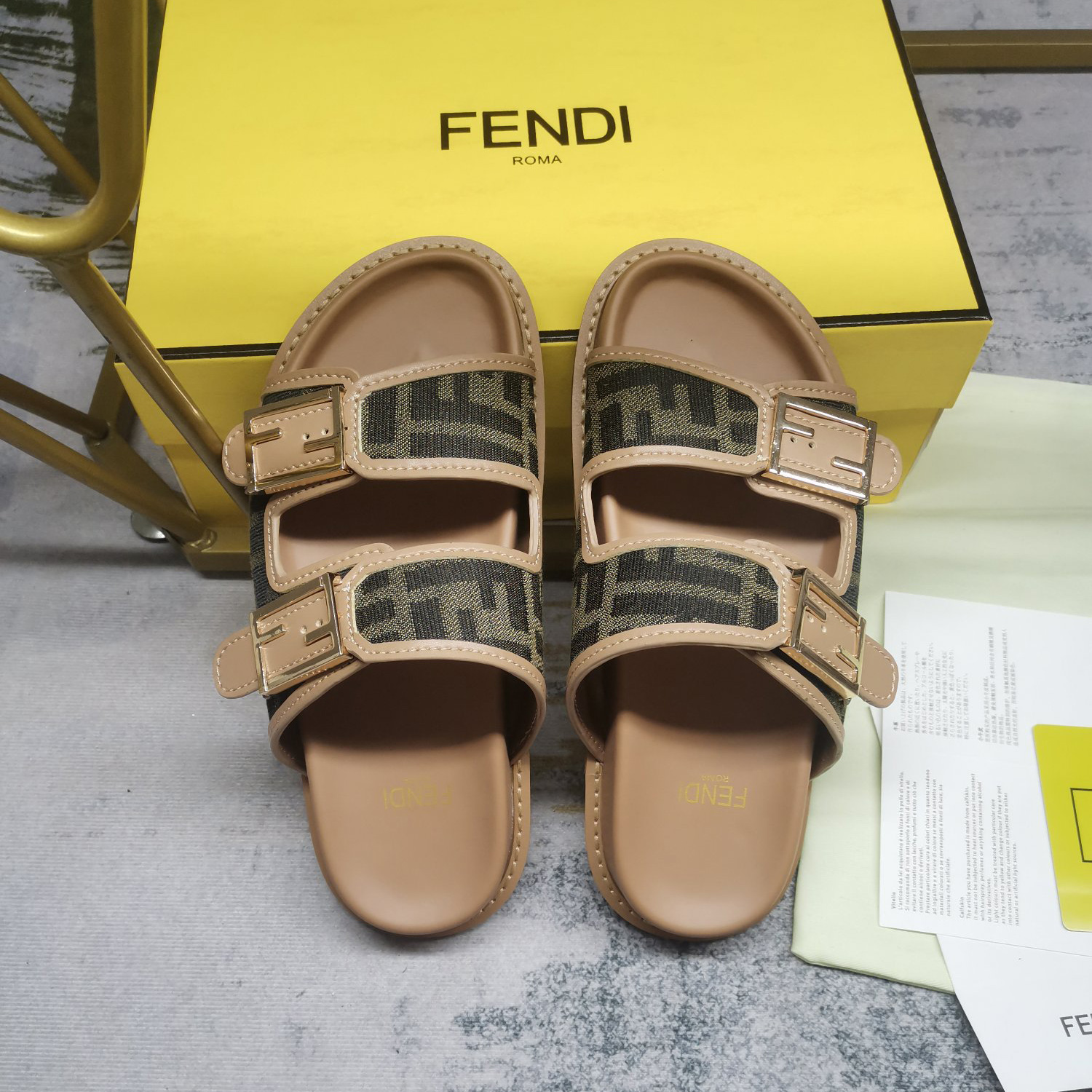 Fendi Feel Brown FF Fabric Slides - PerfectKickZ