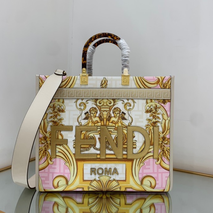 Versace x Fendi Sunshine Medium Fendace Printed White Leather Shopper(35-31-17cm) - PerfectKickZ