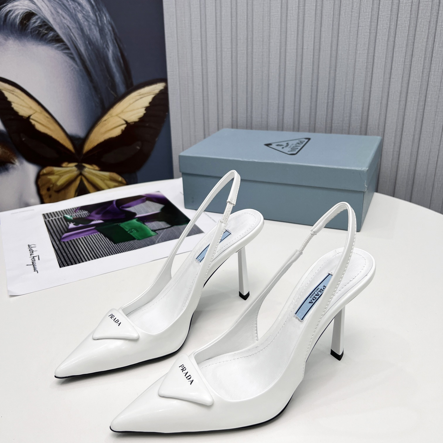 Prada Brushed Leather Slingback Pumps In White - PerfectKickZ