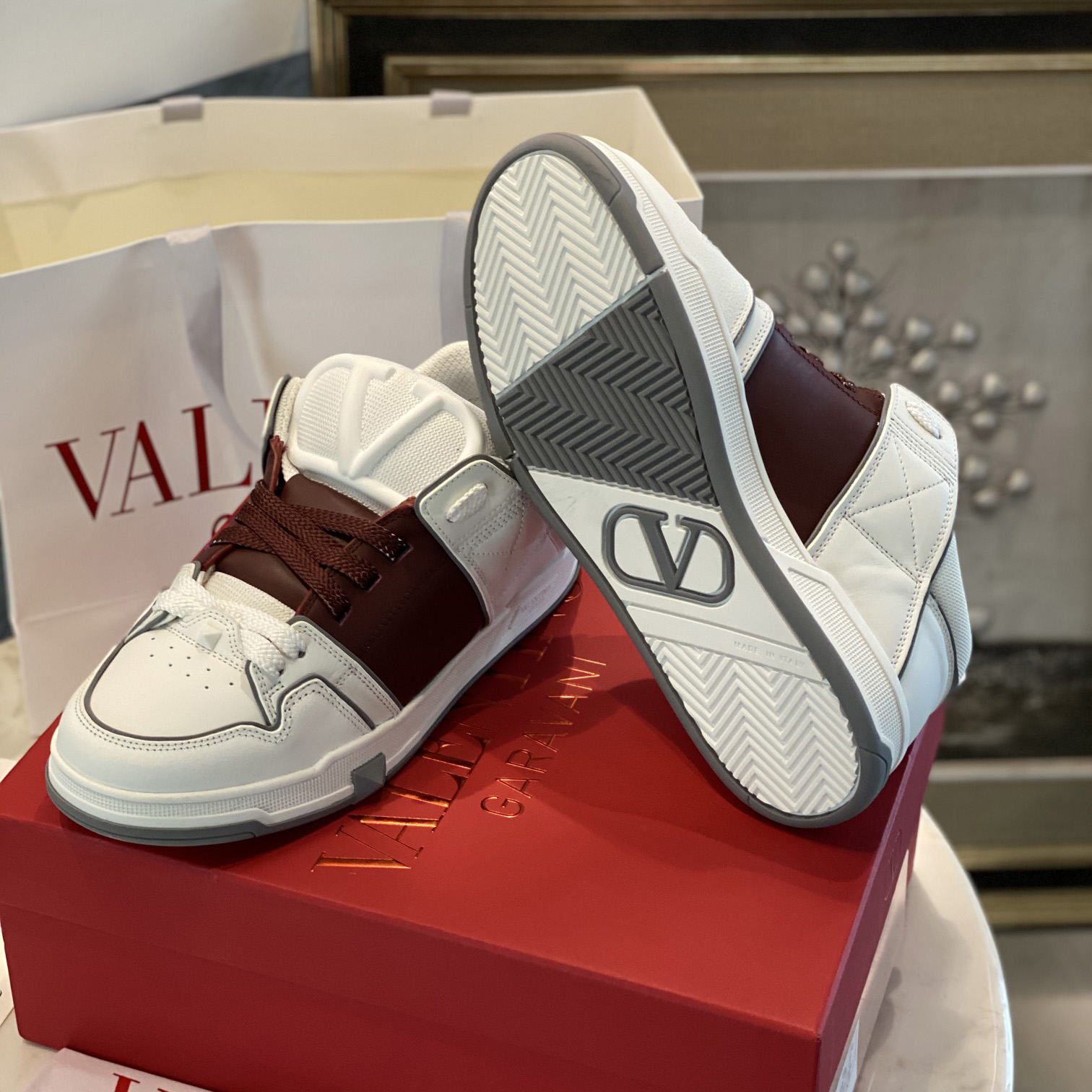 Valenti Open Skate Calfskin And Fabric Sneaker In White/Rubin - PerfectKickZ