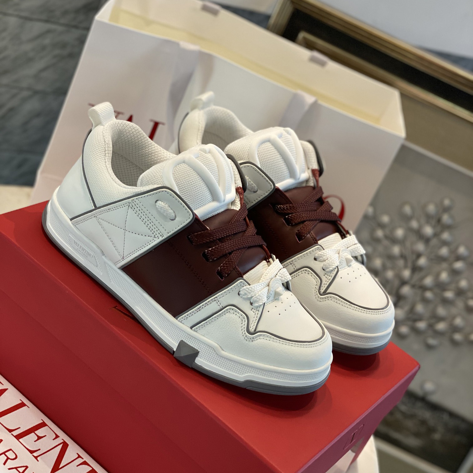 Valenti Open Skate Calfskin And Fabric Sneaker In White/Rubin - PerfectKickZ