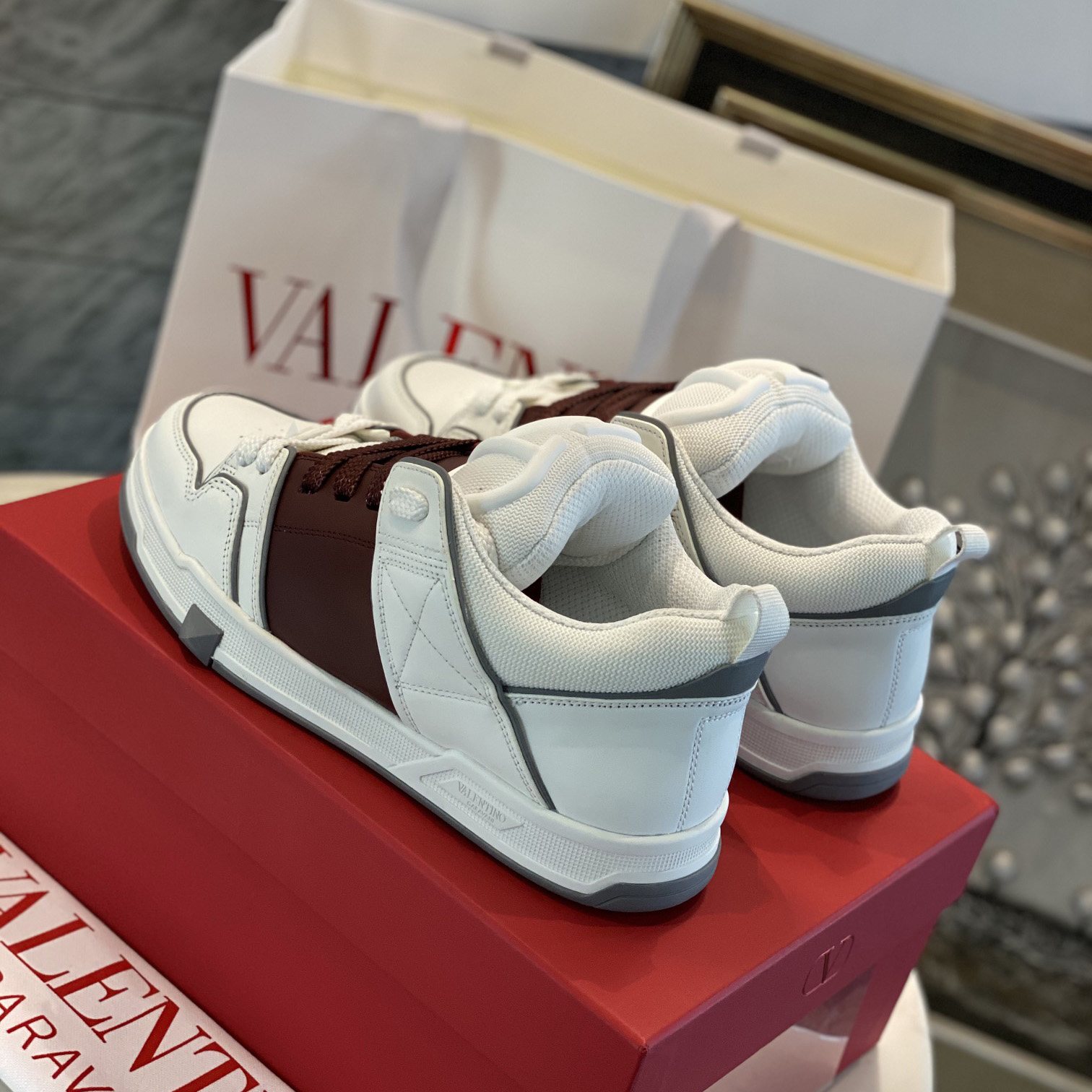 Valenti Open Skate Calfskin And Fabric Sneaker In White/Rubin - PerfectKickZ
