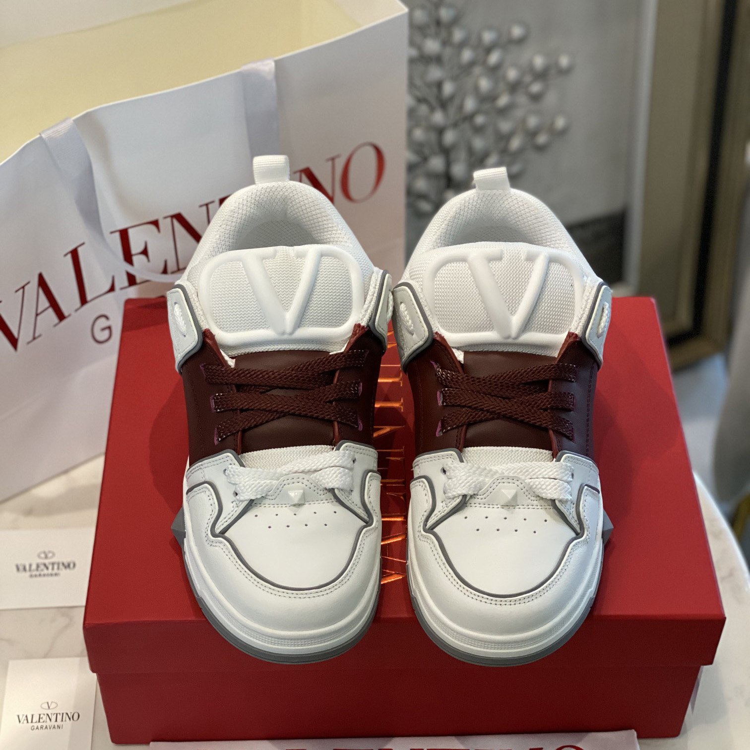Valenti Open Skate Calfskin And Fabric Sneaker In White/Rubin - PerfectKickZ