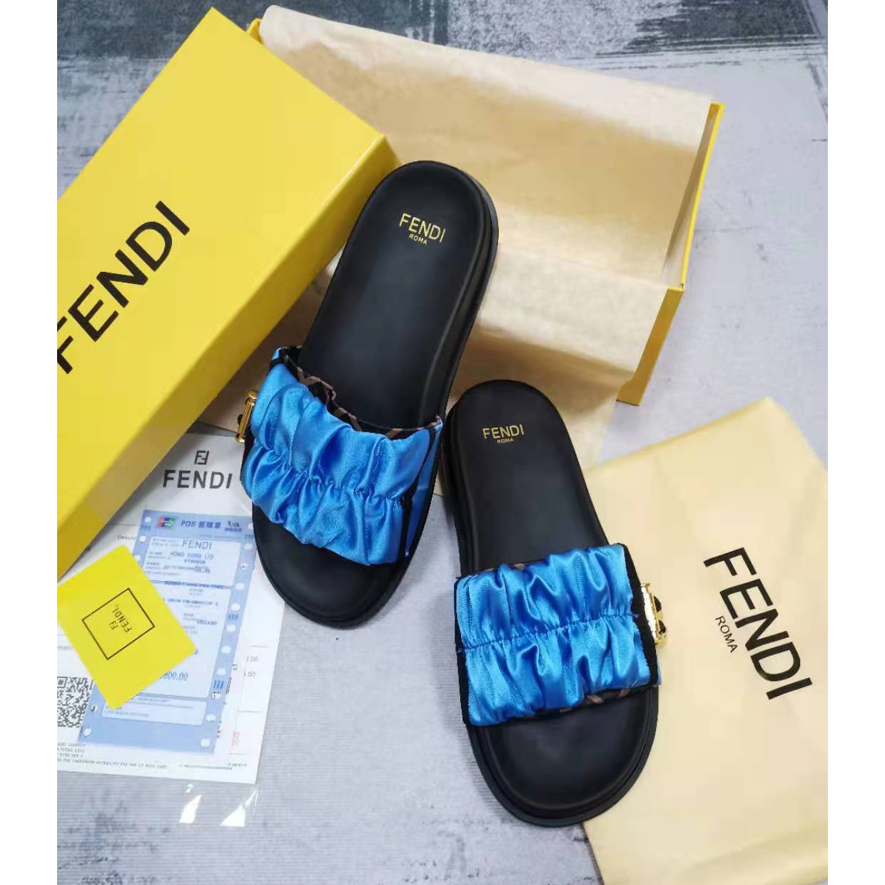 Fendi Fendi Feel Blue Satin Slides - PerfectKickZ