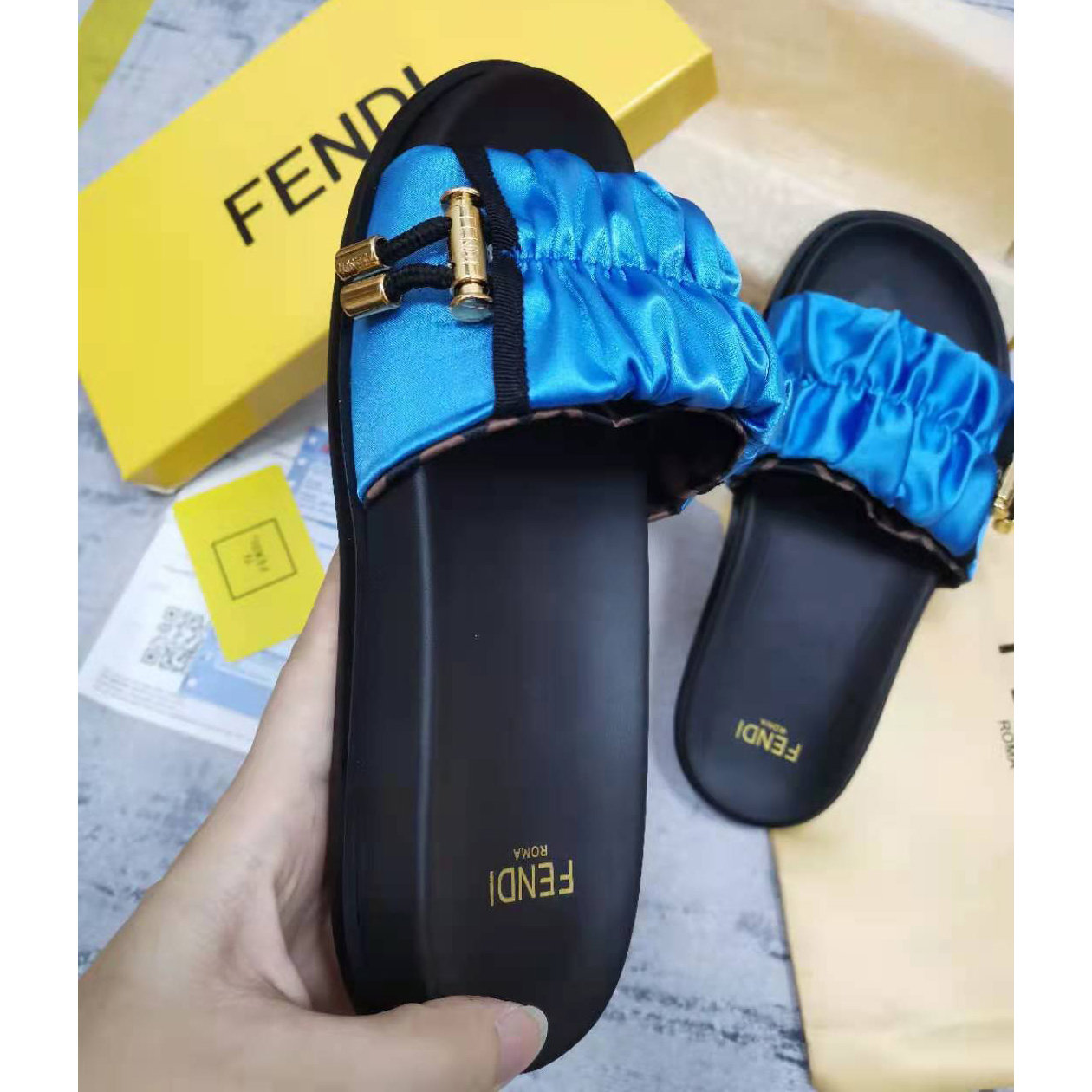 Fendi Fendi Feel Blue Satin Slides - PerfectKickZ