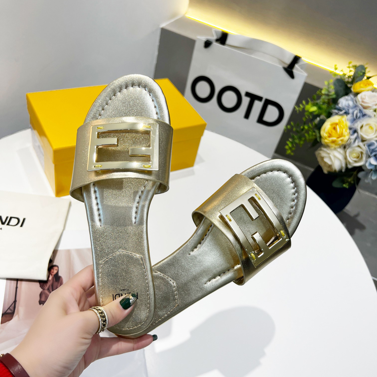 Fendi Baguette Gold nappa leather slides - PerfectKickZ