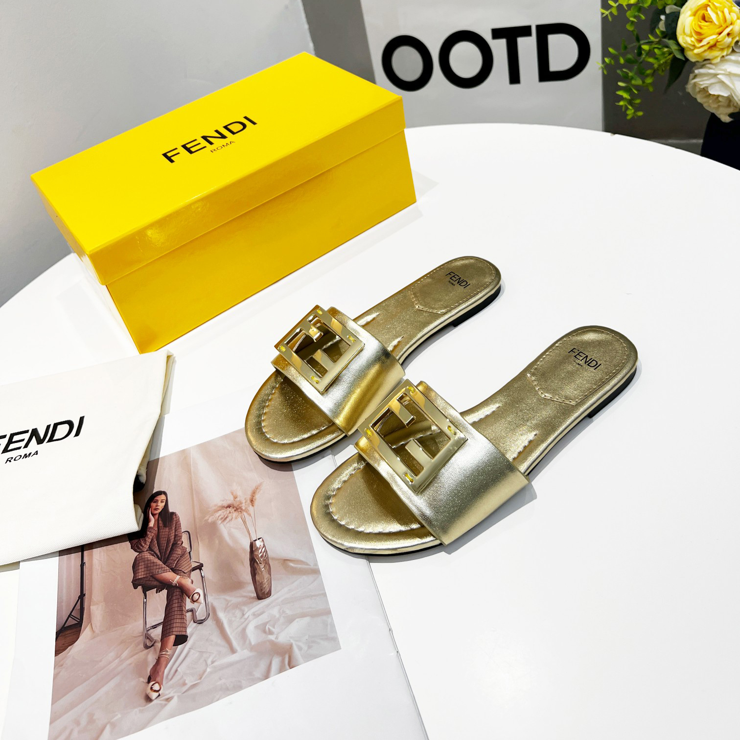 Fendi Baguette Gold nappa leather slides - PerfectKickZ