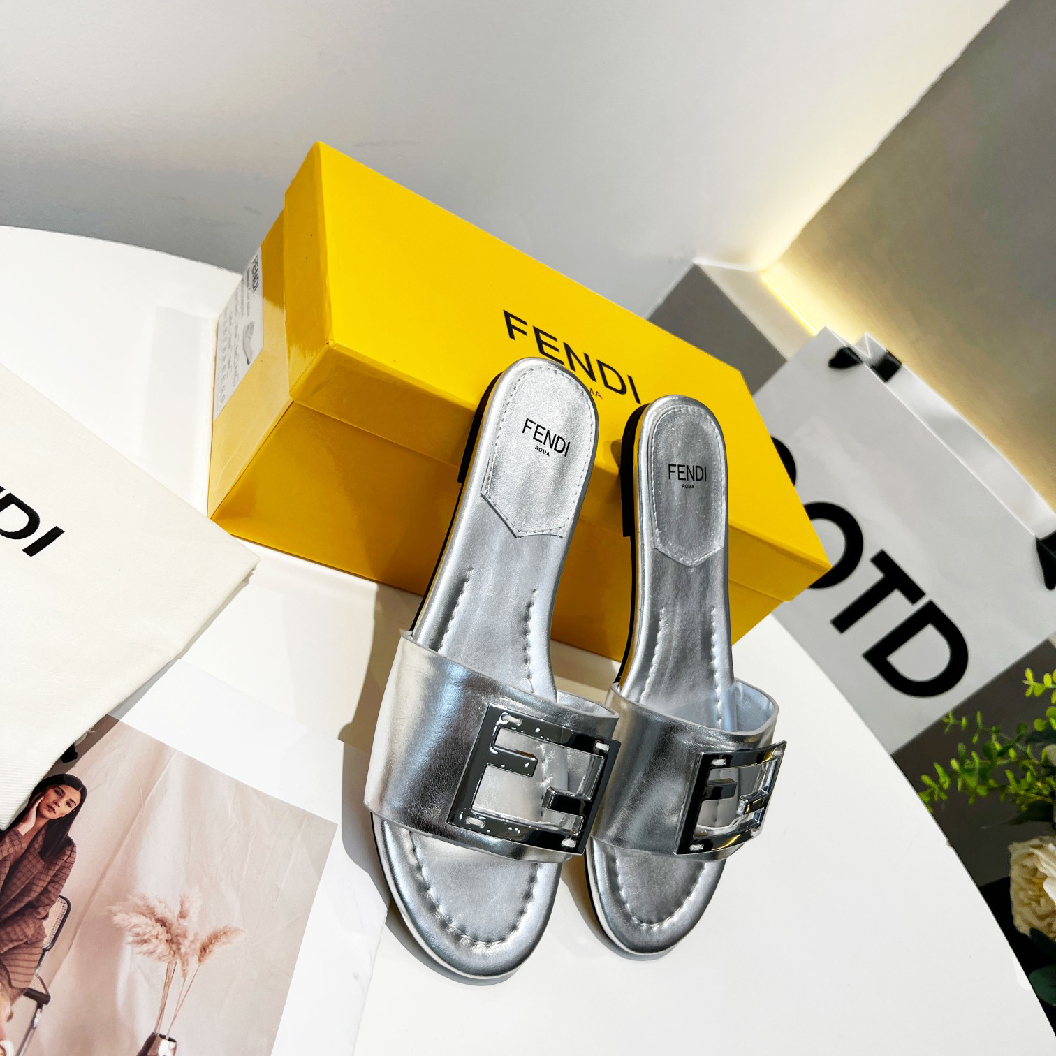 Fendi Baguette Silver Nappa Leather Slides - PerfectKickZ