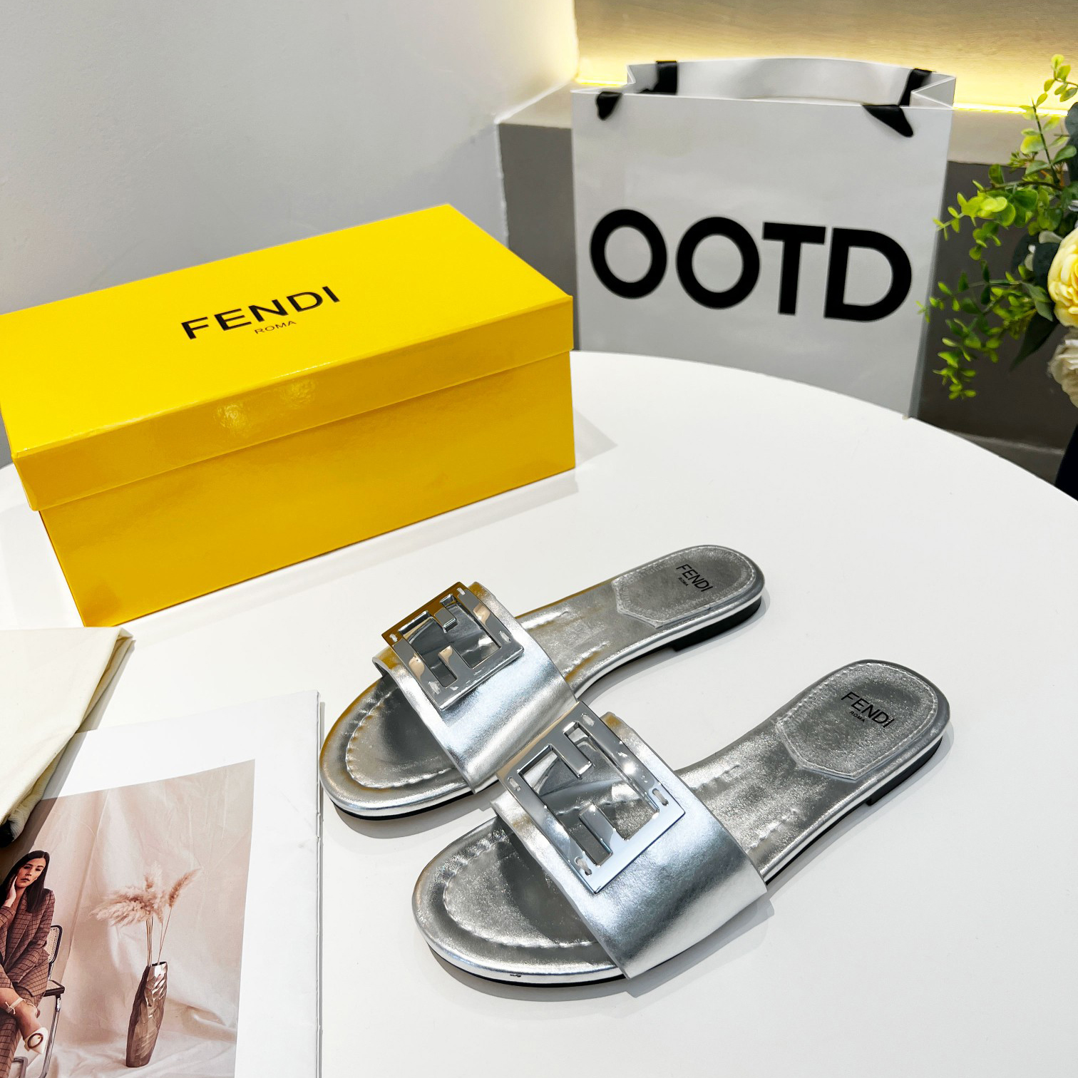 Fendi Baguette Silver Nappa Leather Slides - PerfectKickZ