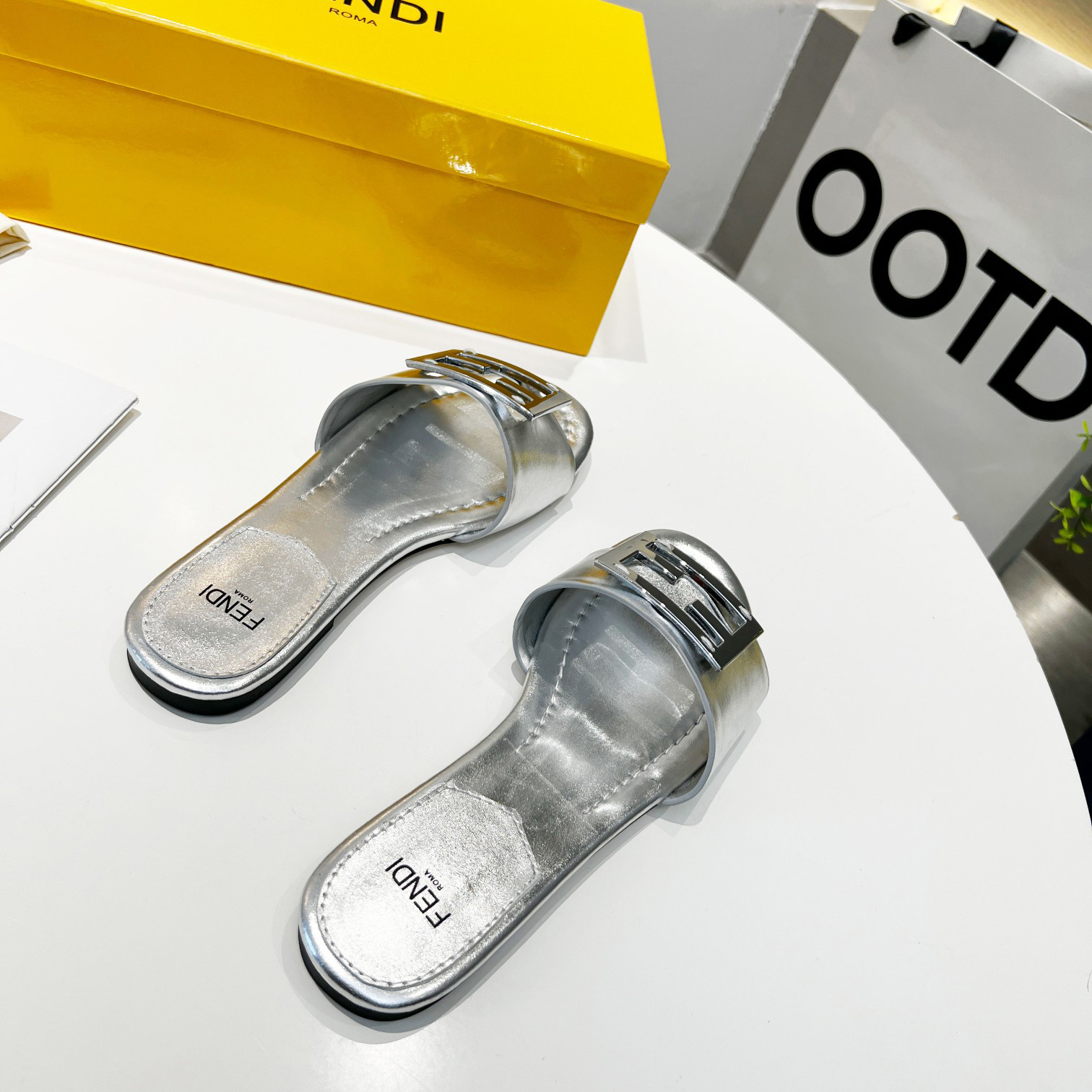Fendi Baguette Silver Nappa Leather Slides - PerfectKickZ