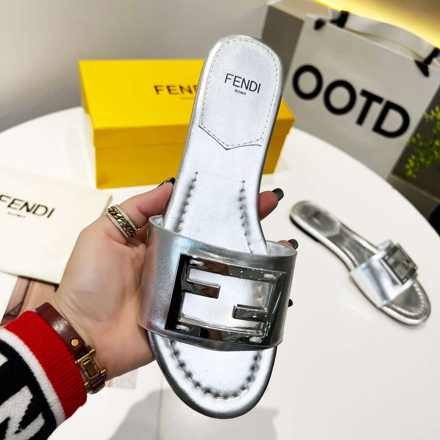Fendi Baguette Silver Nappa Leather Slides - PerfectKickZ