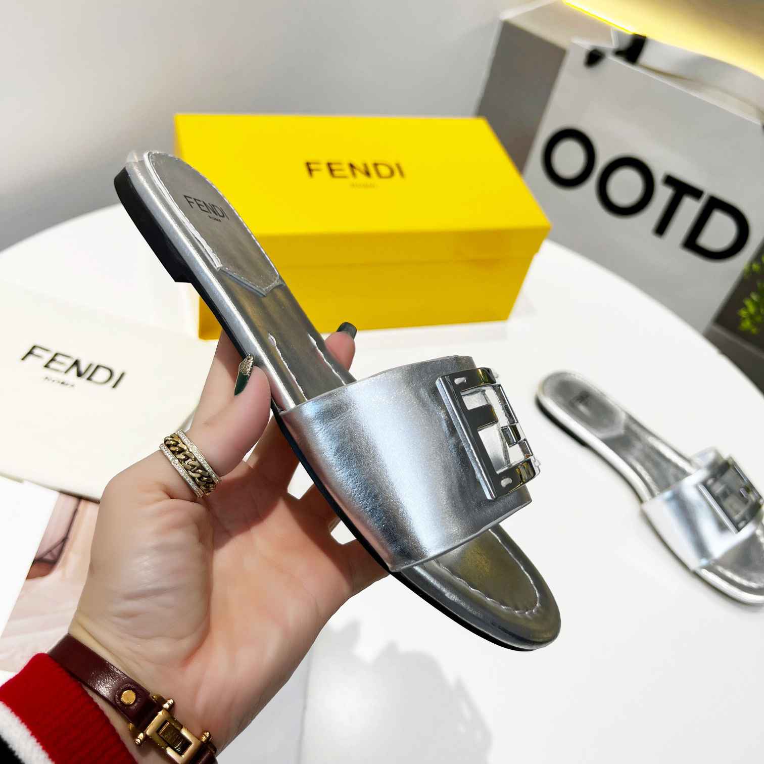 Fendi Baguette Silver Nappa Leather Slides - PerfectKickZ