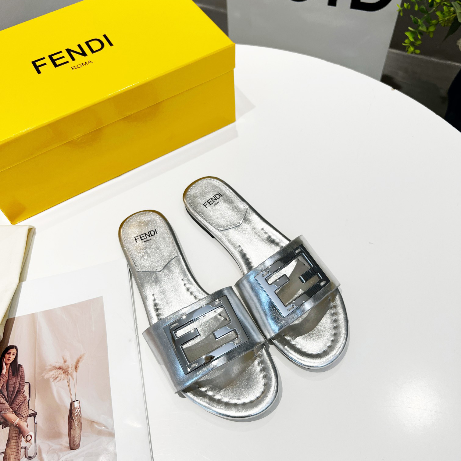 Fendi Baguette Silver Nappa Leather Slides - PerfectKickZ